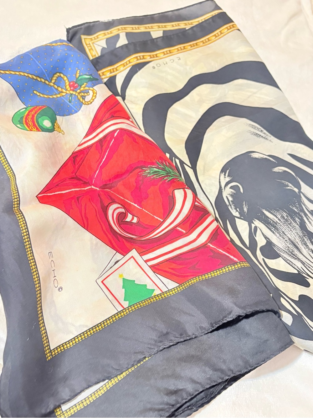 Vintage Echo 100% Silk Scarf Lot of 2 Christmas Holiday Zebra Print Fair Cond